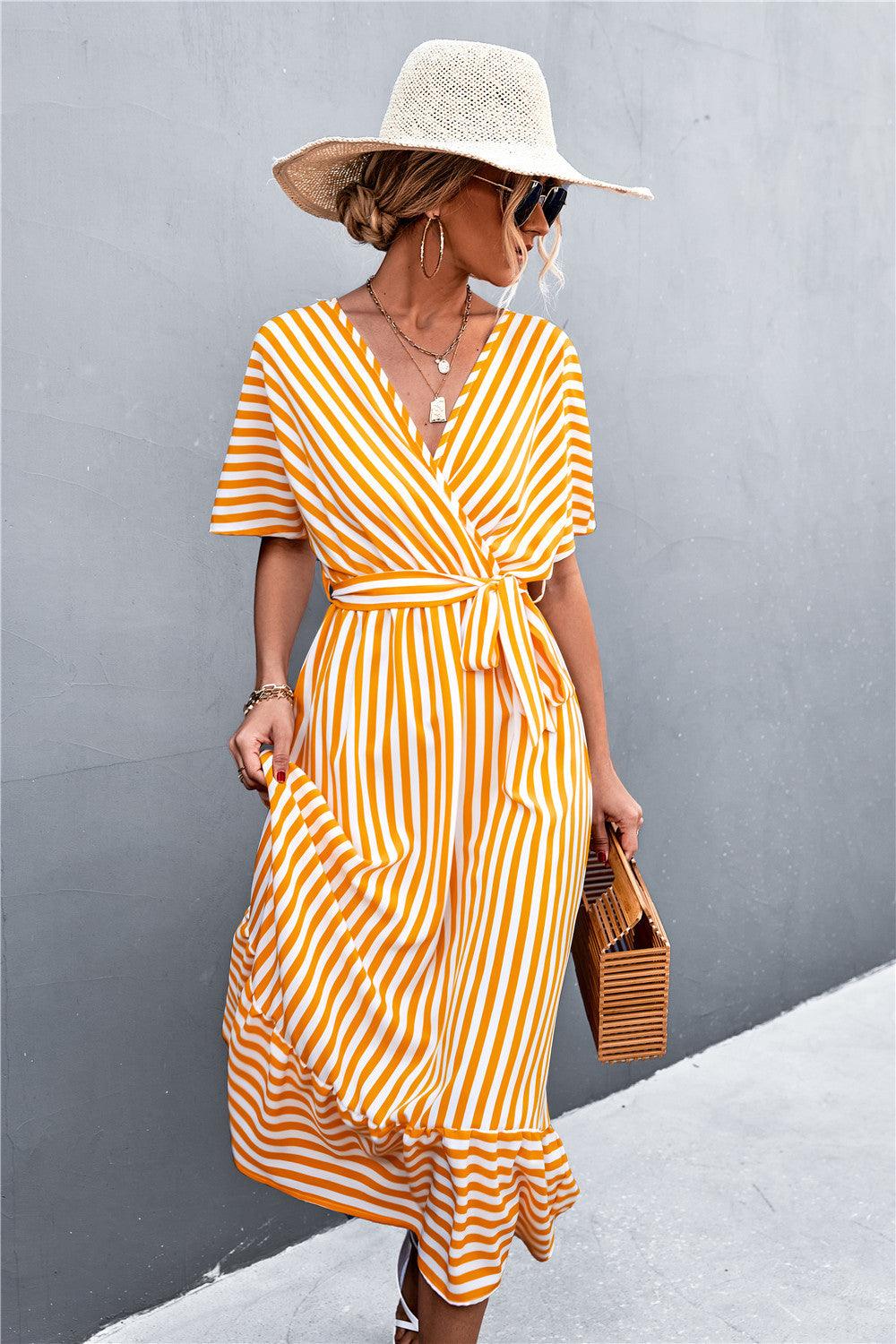 Mustard and white striped dress best sale