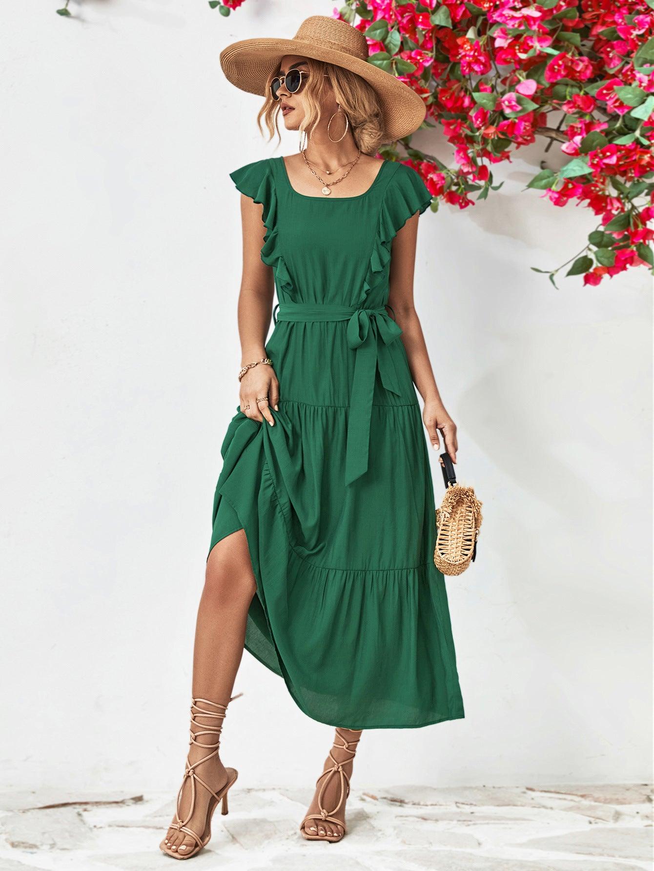 Tie Belt Ruffled Tiered Dress Forest / S