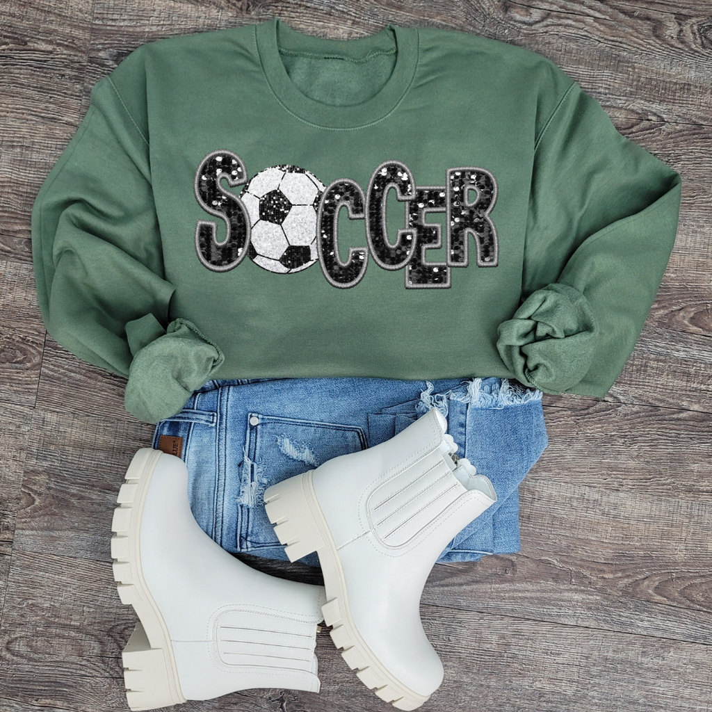 Hazel Blues® |  Soccer Faux Chenille Sequin Patches Sweatshirt: Black