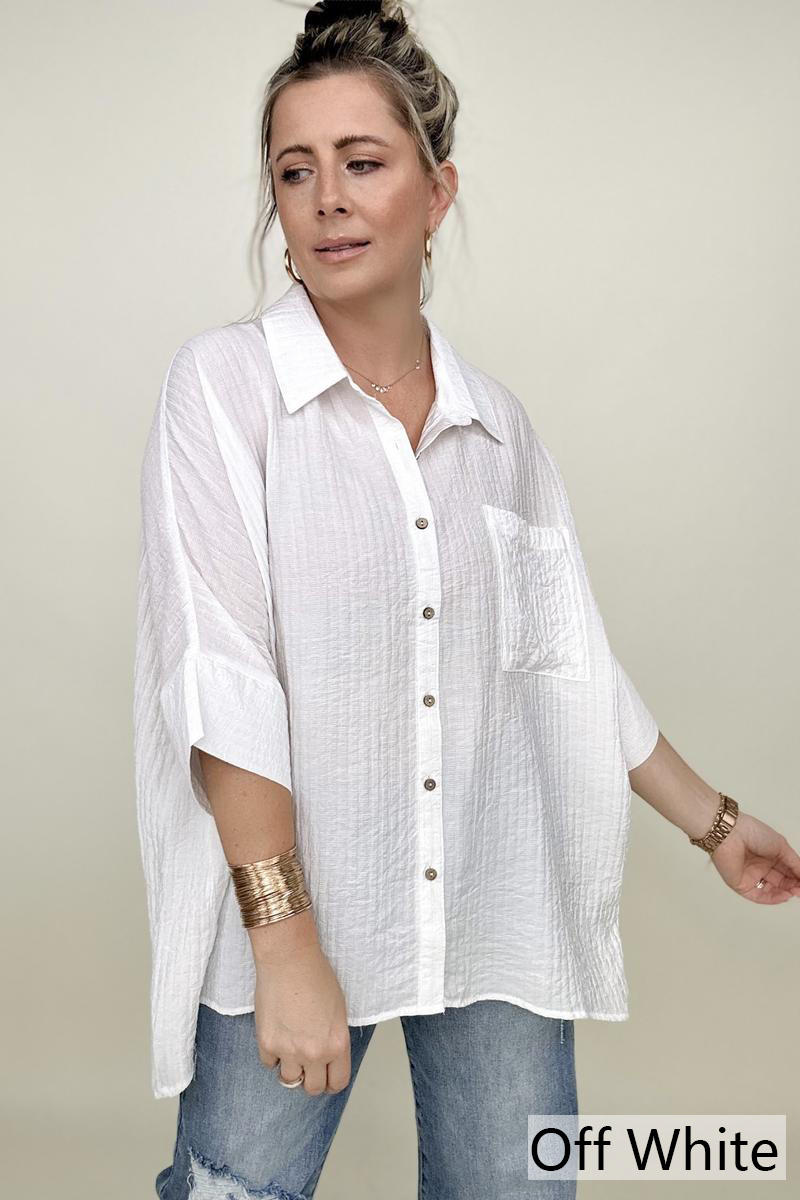 Hazel Blues® |  Umgee Pleated Batwing Short Sleeve Button Up Top