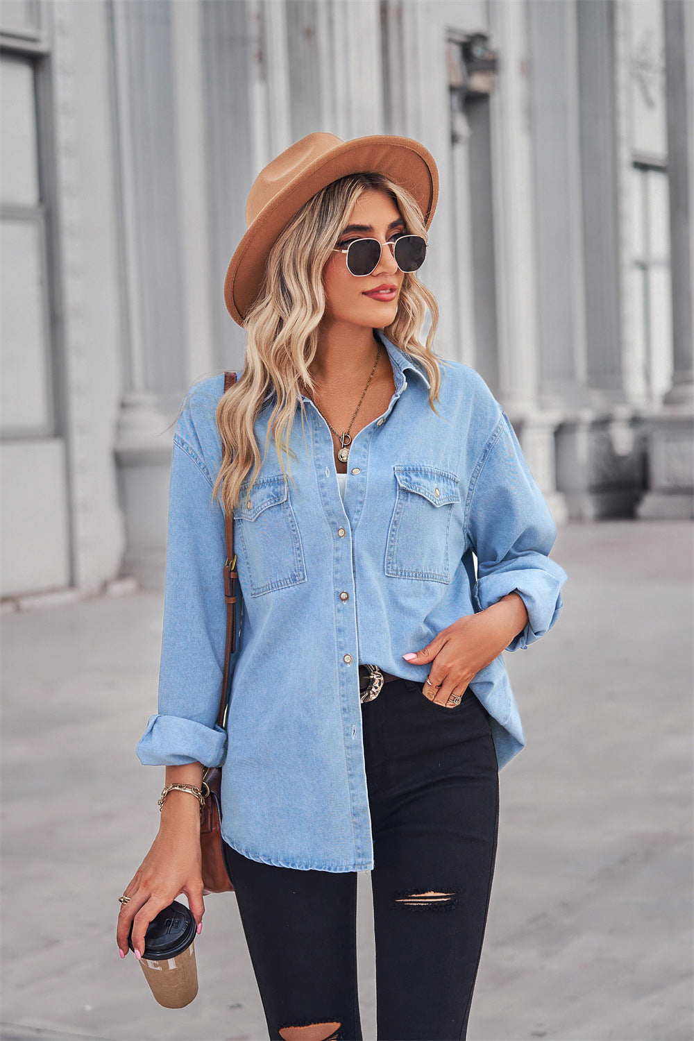 Hazel Blues® | Collared Neck Dropped Shoulder Denim Top