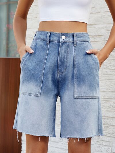 Hazel Blues® |  Buttoned Raw Hem Denim Shorts with Pockets
