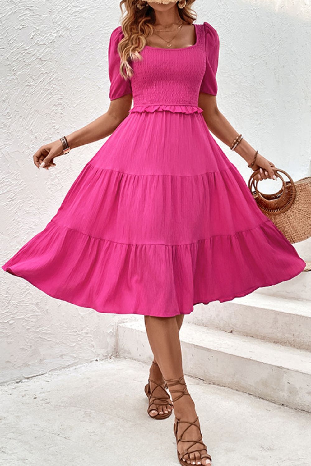 square neck pink midi dress Camoria | Coral Boucle Square-Neck Midi Dress