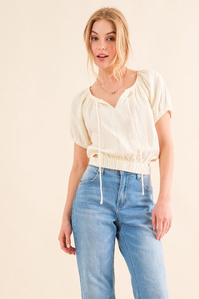Hazel Blues® |  And The Why Cotton Gauze Back Waist Tie Cropped Blouse