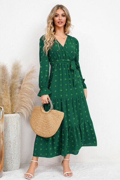 Hazel Blues | Swiss Dot Tied Surplice Flounce Sleeve Dress Hazel Blues | Swiss Dot Tied Surplice Flounce Sleeve Dress