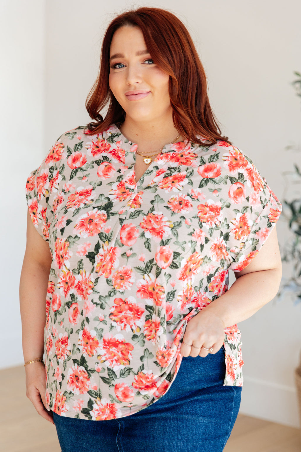 Hazel Blues® |  Lizzy Cap Sleeve Top in Coral and Beige Floral