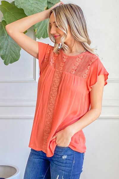 Hazel Blues® |  And The Why Lace Detail Ruffle Short Sleeve Blouse