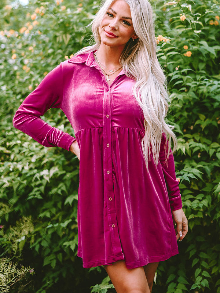Velvet Ruffle Buttoned Long Sleeve Dress Rose / XL