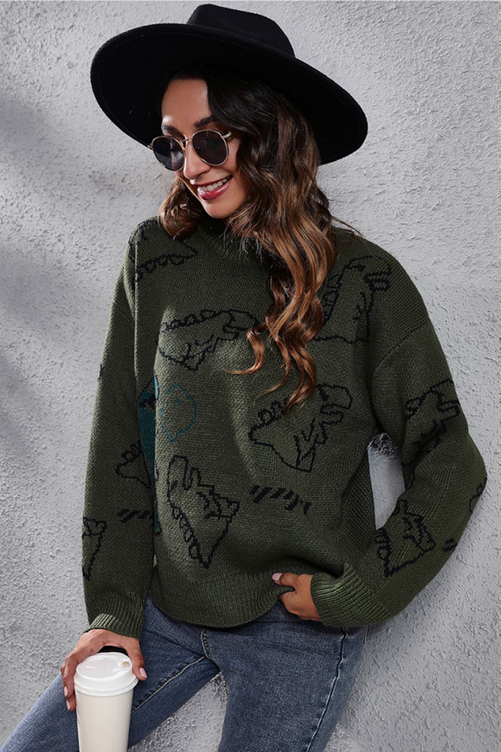 Hazel Blues® |  Dinosaur Pattern Round Neck Sweater