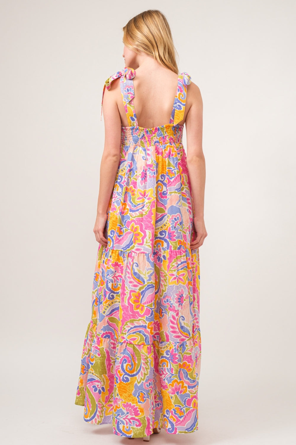 Hazel Blues® |  And The Why Printed Tie Shoulder Tiered Maxi Dress