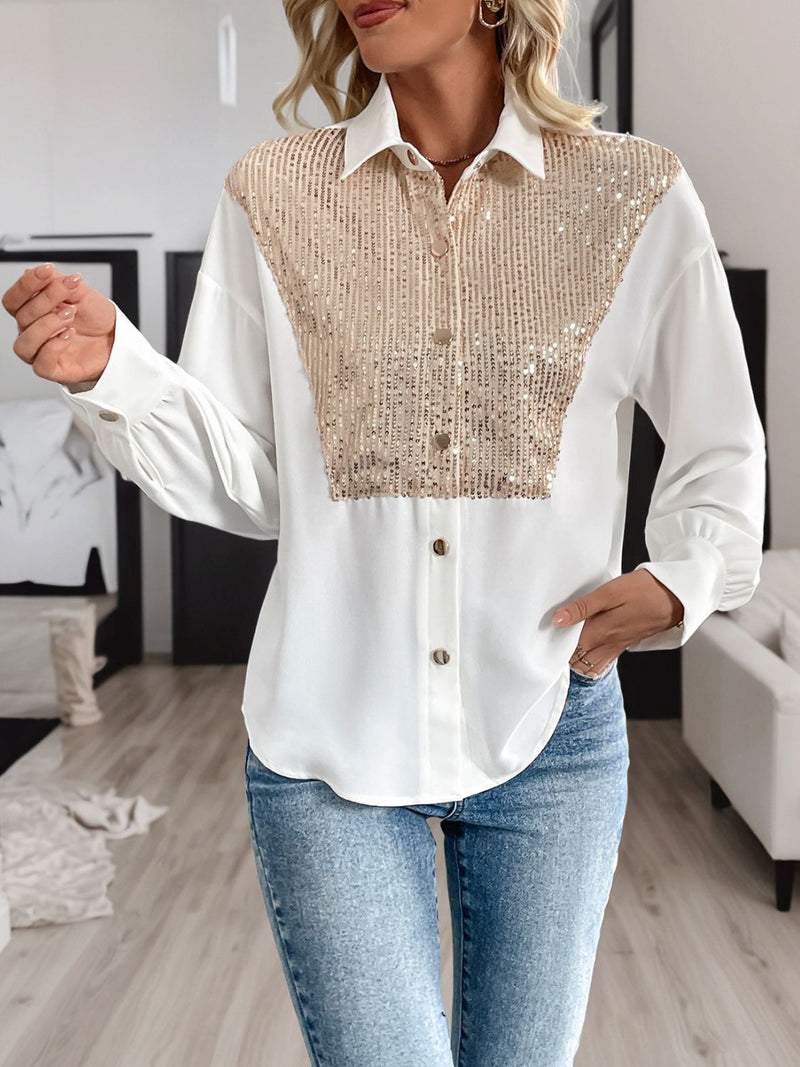 Hazel Blues® |  Perfee Sequin Contrast Collared Neck Long Sleeve Shirt