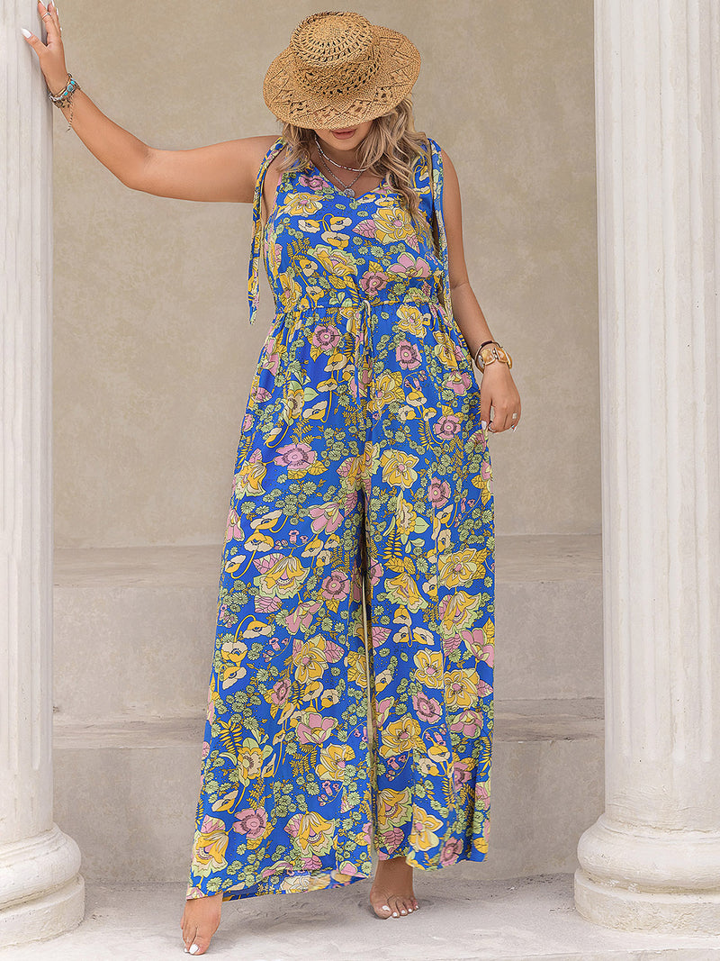 Hazel Blues® | Printed V-Neck Wide Leg Jumpsuit