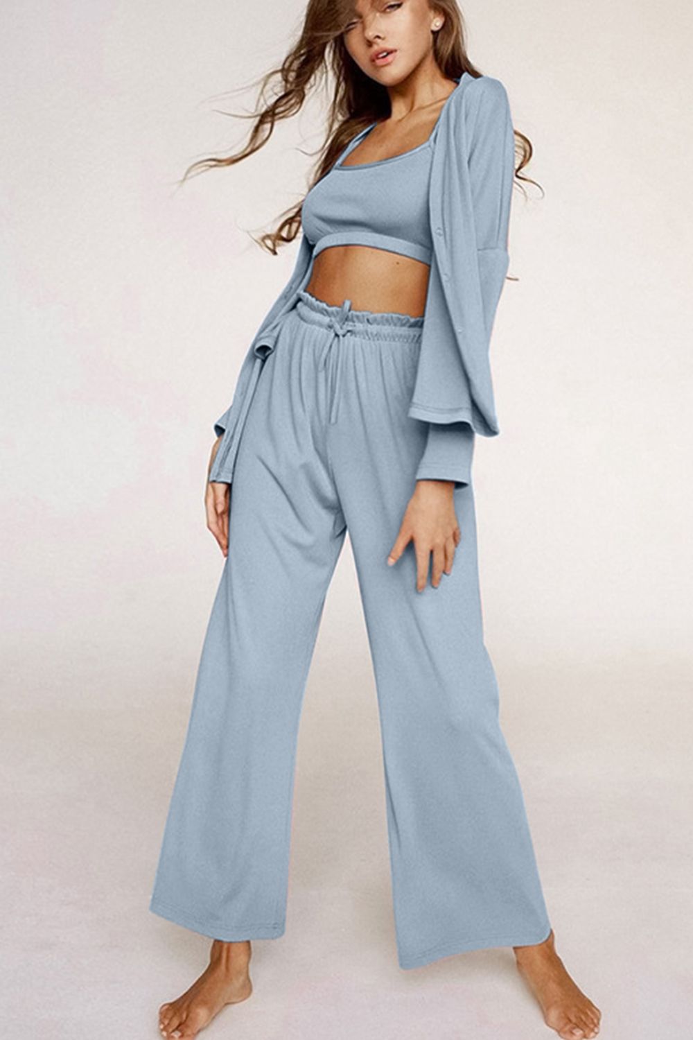 Hazel Blues® |  Spaghetti Strap Bra, Open Front Cardigan and Drawstring Pants Set