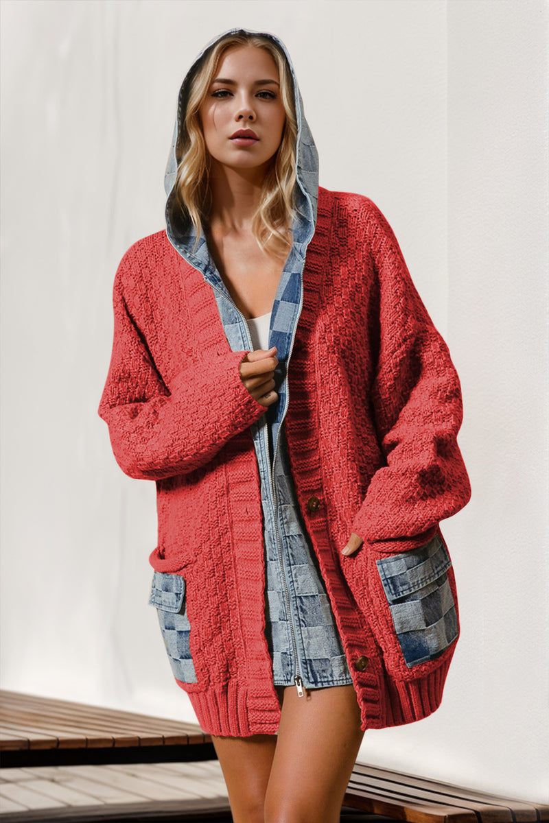 Hazel Blues® |  Double Take Hooded Denim Spliced Sweater Cardigan