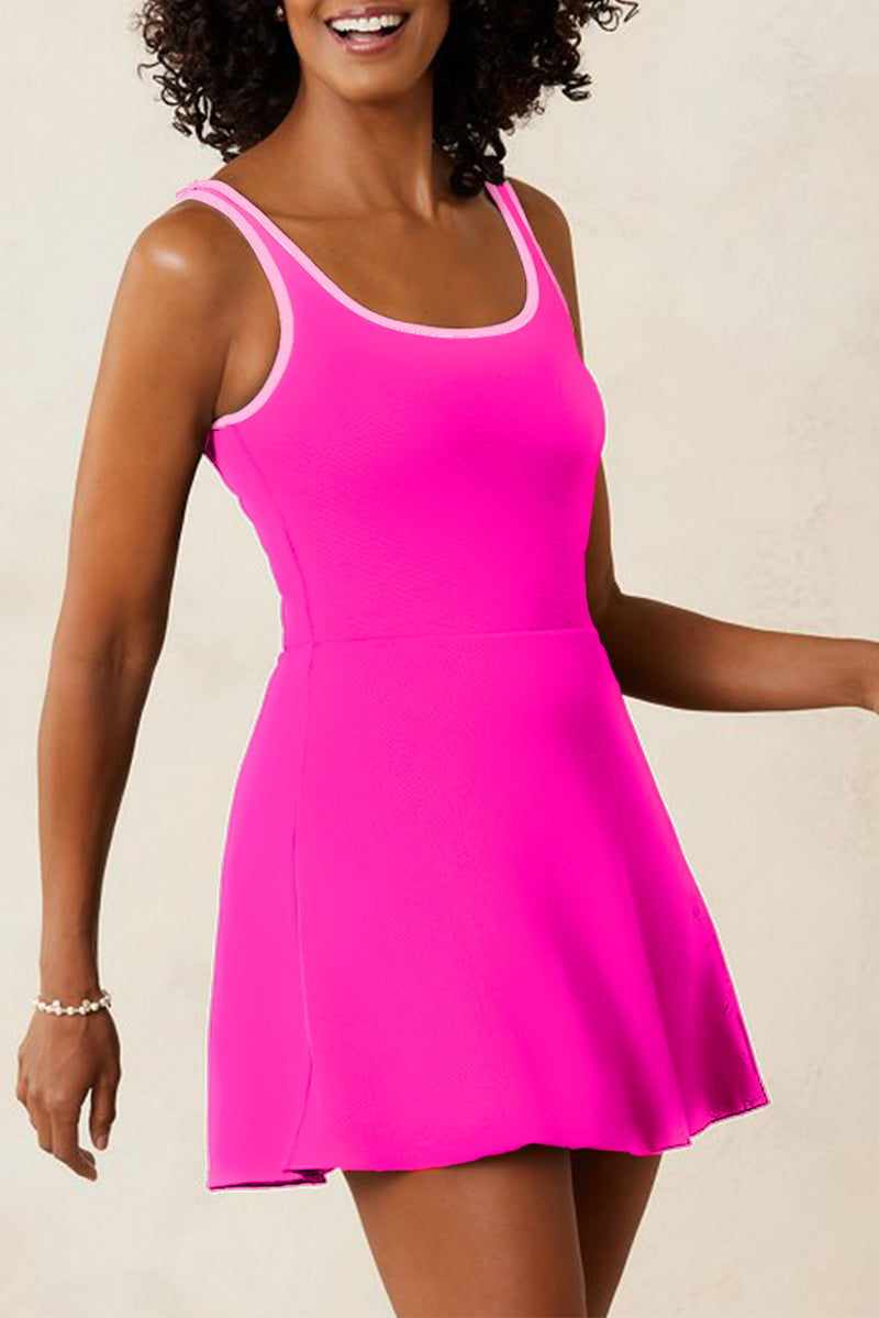 Hazel Blues | Rose Red Contrast Trim Neckline Active Shorts Attached One  Piece Swim Dress