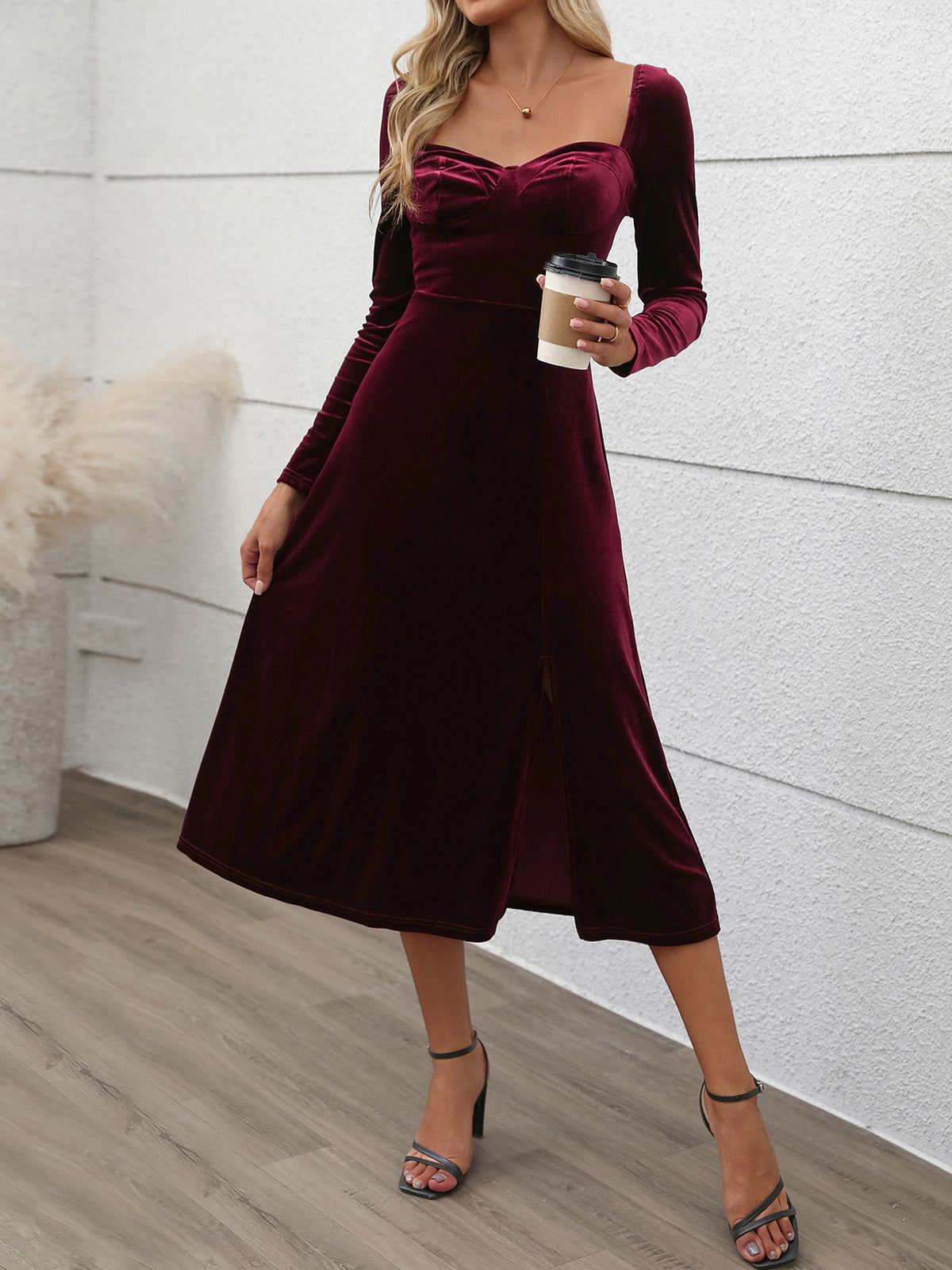 Hazel Blues® |  Perfee Sweetheart Neck Long Sleeve Midi Dress