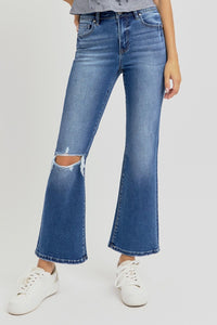 Hazel Blues® |  RISEN Distressed High Rise Crop Flare Jeans