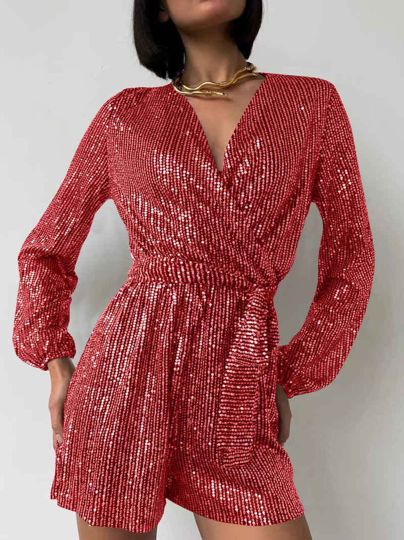 Hazel Blues® |  Sequin Surplice Tie Waist Long Sleeve Romper