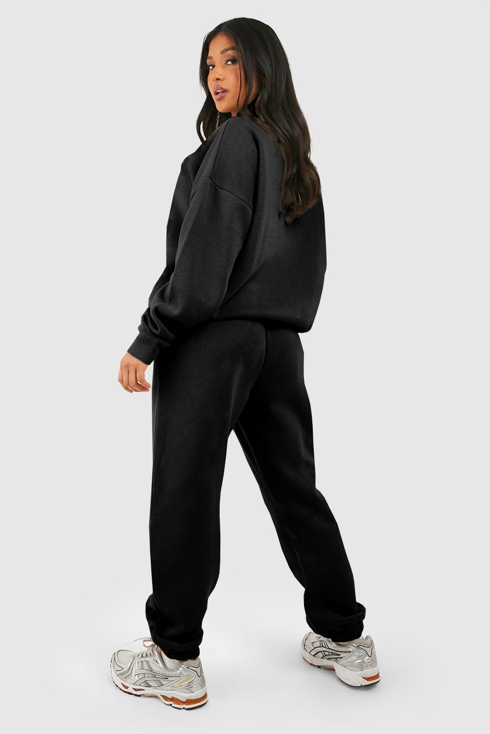 Hazel Blues® |  Black Plain Half Zip V Neck Ribbed Edge Loose Tracksuit