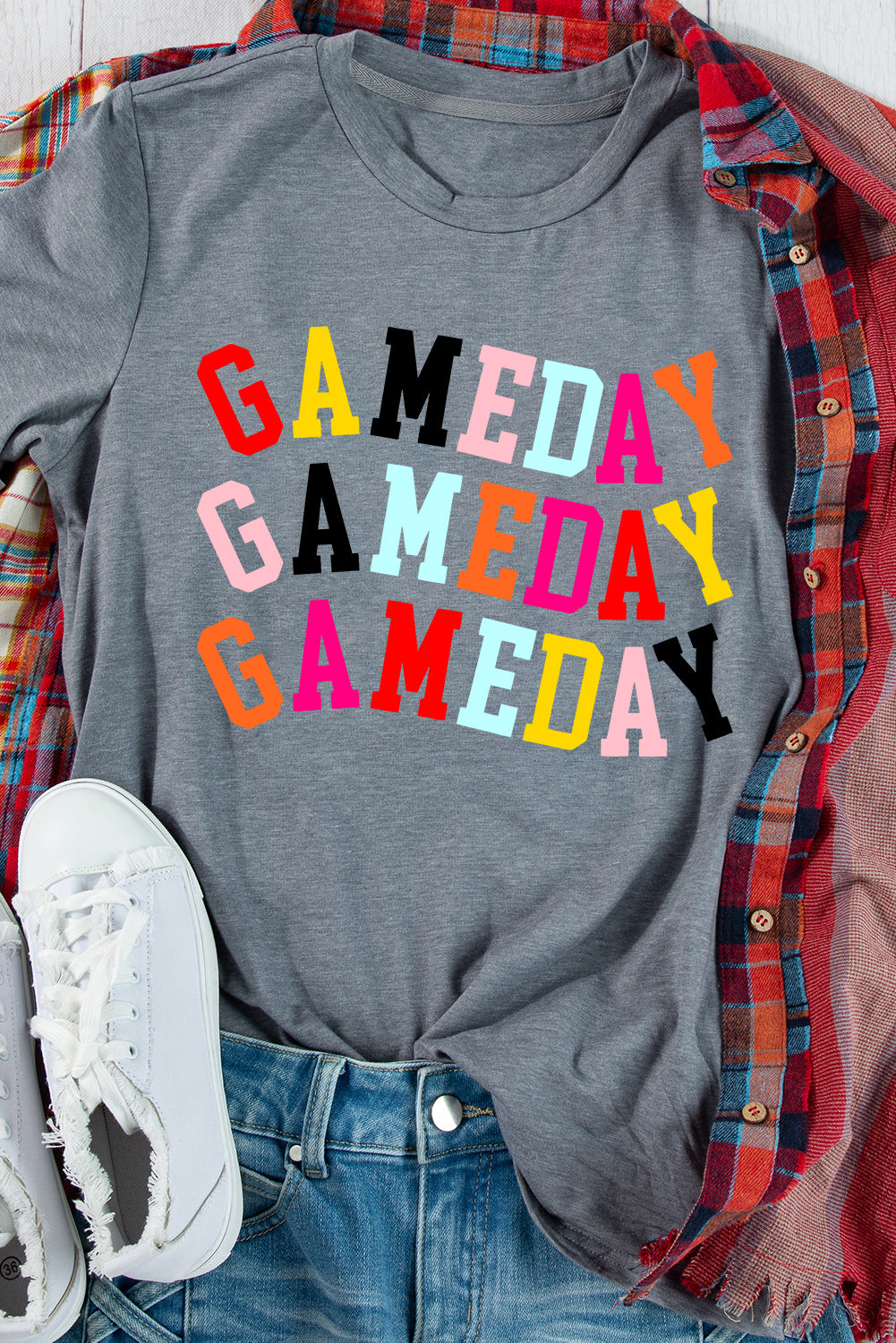 Hazel Blues® |  Gray Colorful GAME DAY Graphic Crew T Shirt
