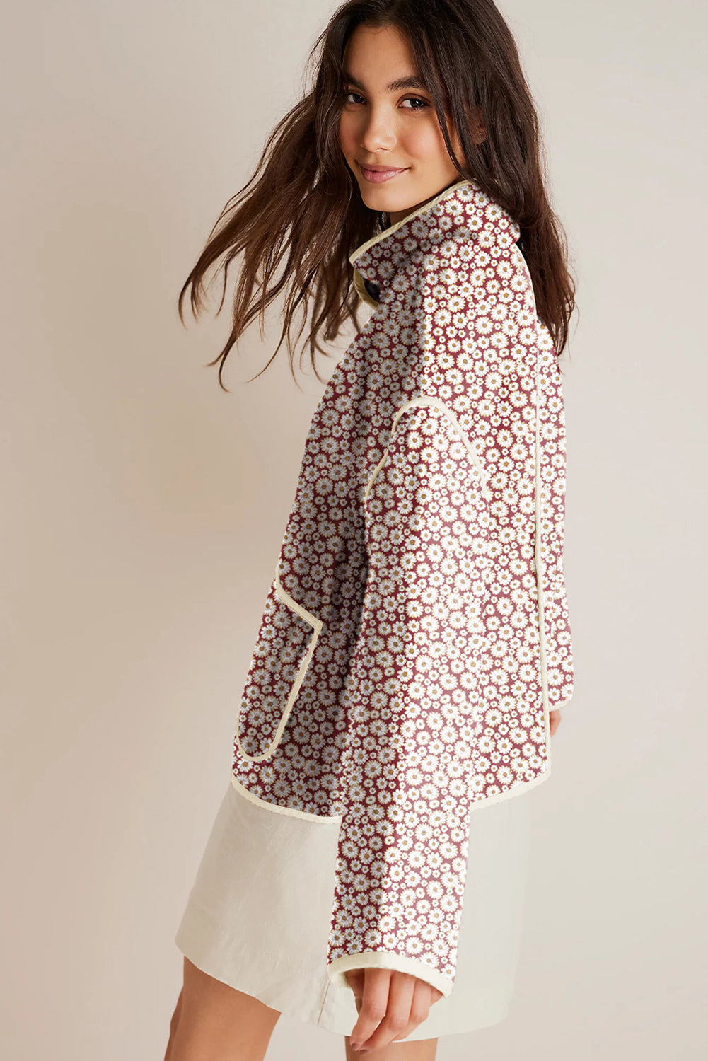 Pink Floral-Print Contrast Edge Pocketed Stand Neck Jacket