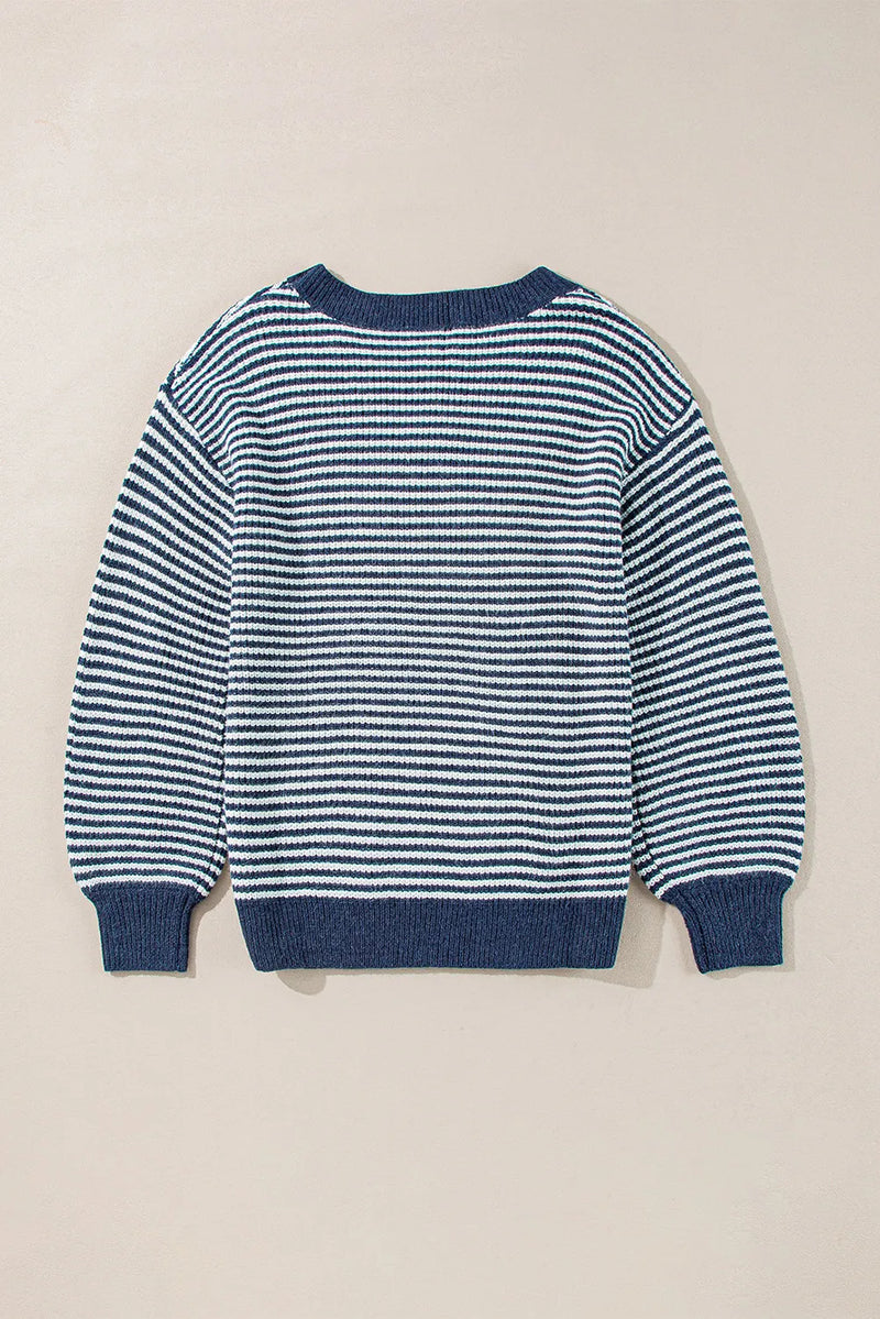 Hazel Blues® |  Striped Round Neck Dropped Shoulder Sweater