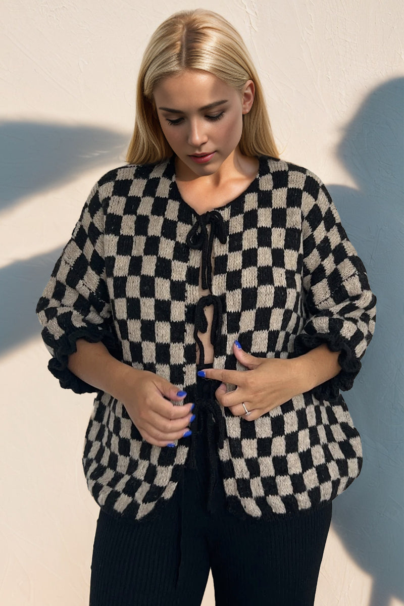 Hazel Blues® |  Double Take Tied Checkered Dropped Shoulder Flounce Sleeve Cardigan