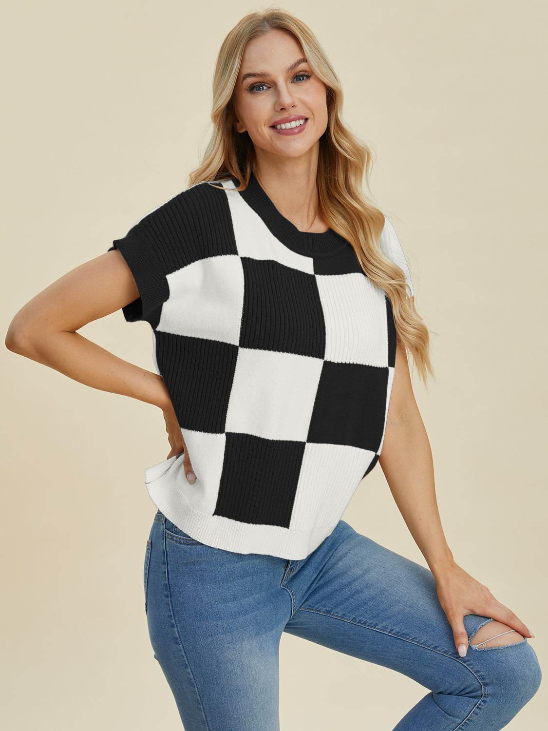 Hazel Blues® |  Double Take Checkered Round Neck Short Sleeve Sweater