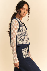 Hazel Blues® |  Davi & Dani Lace Patch Open Front Denim Vest