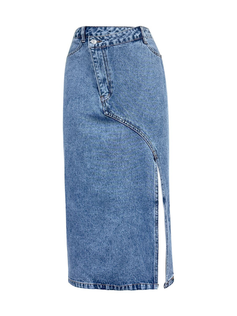 Hazel Blues® |  Slit Asymmetrical Waistband Midi Denim Skirt