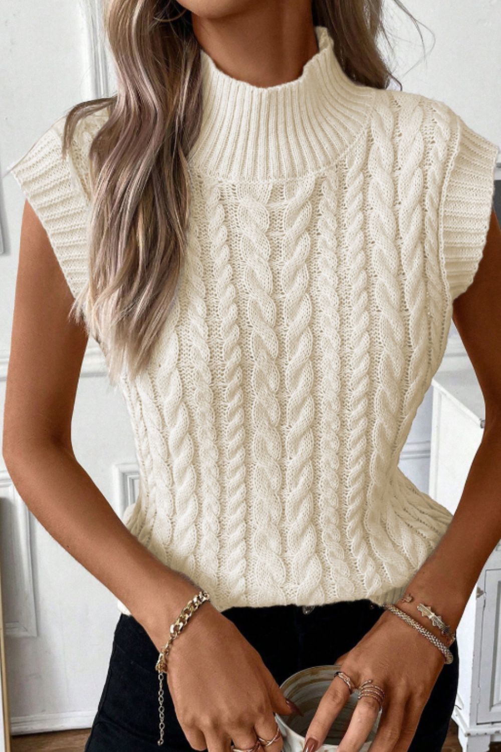 Hazel Blues® |  Cable Knit Turtleneck Sweater Vest