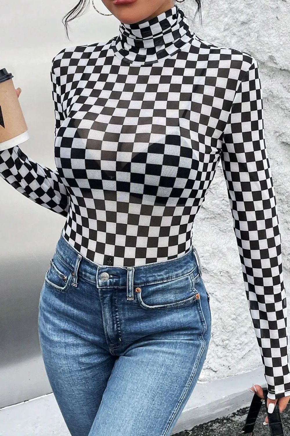 Hazel Blues® | Checkered Turtleneck Long Sleeve Bodysuit