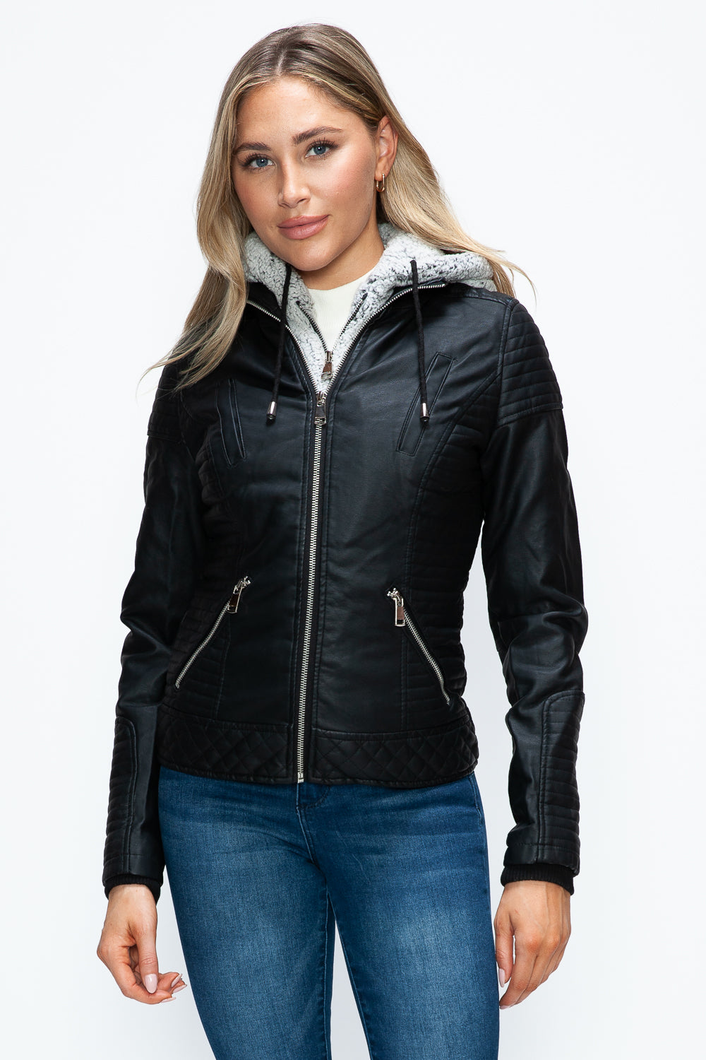 Hazel Blues® |  YMI Faux Layered Double-Zipper Jacket with Fuzzy Hood