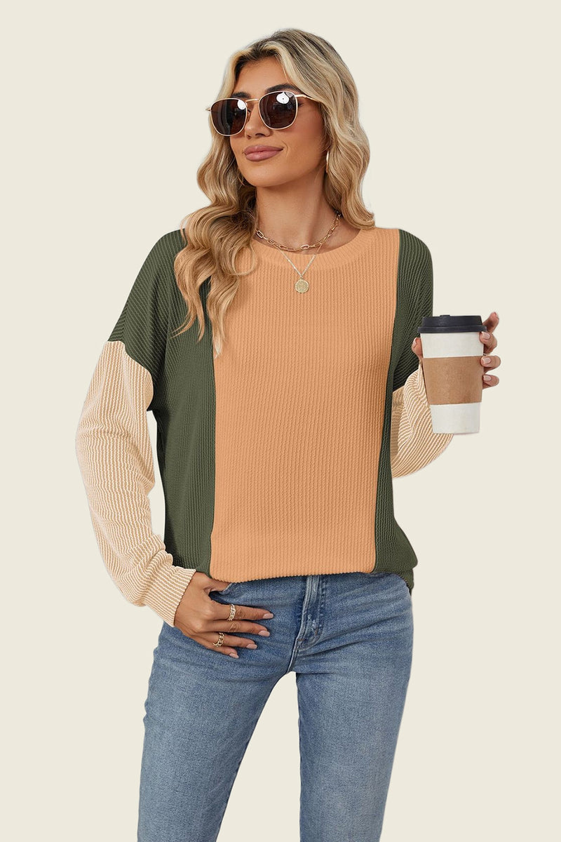 Hazel Blues® |  Double Take Texture Contrast Round Neck Long Sleeve T-Shirt