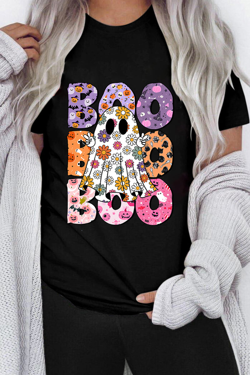 Hazel Blues® |  Black BOO Floral Ghost Print Crew Neck Halloween T Shirt