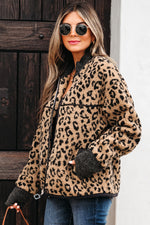 Hazel Blues® |  Khaki Leopard Print Zip Up Stand Neck Side Pocket Jacket