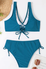 Hazel Blues® |  Ruched Lace-Up Wide Strap Two-Piece Bikini Set