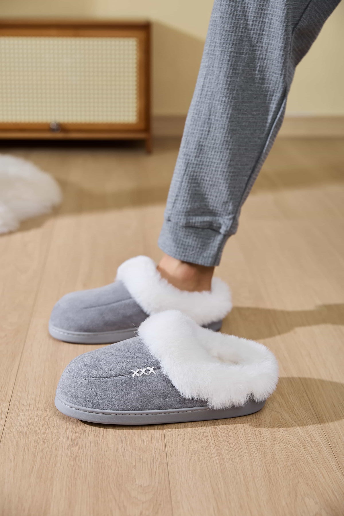 Hazel Blues® |  Fluff Trim Round Toe Flat Slippers