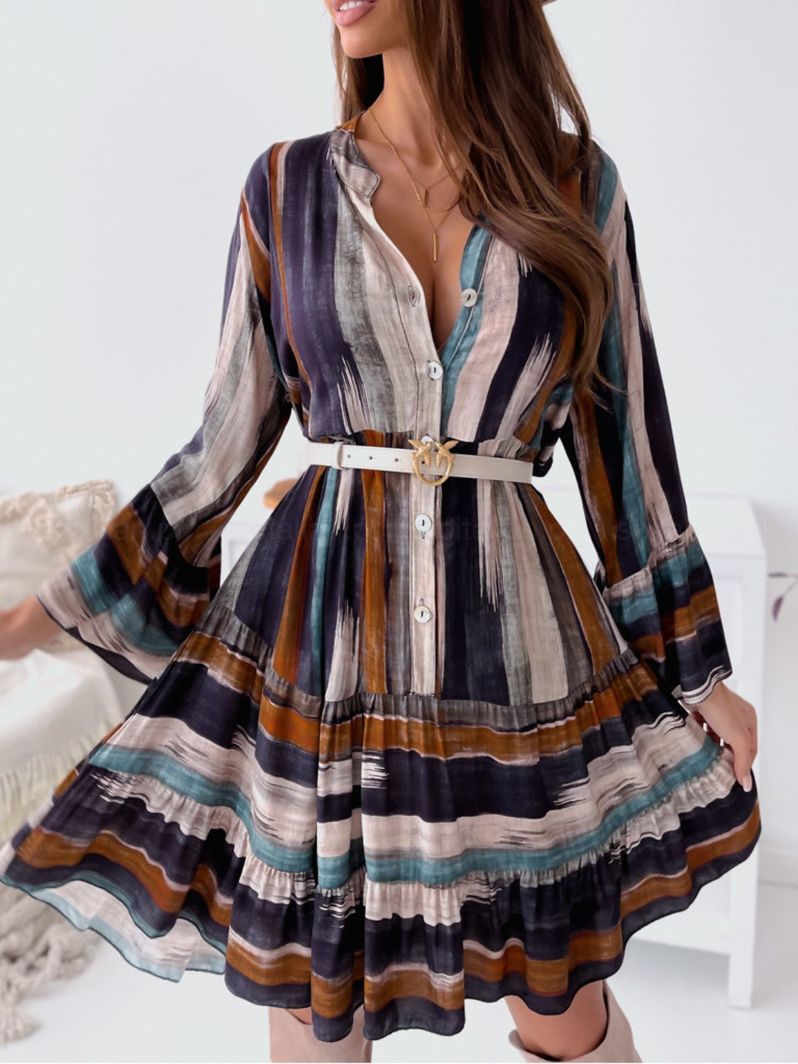 Hazel Blues® |  Buttoned Striped Long Sleeve Mini Dress