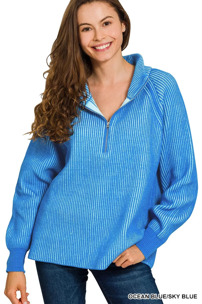 Hazel Blues® | Zenana Ribbed Two Tone Half Zip Sweater