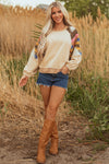 Hazel Blues® |  Light French Beige Aztec Patchwork Raglan Pullover Sweatshirt