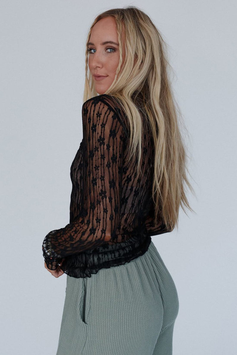 Hazel Blues® |  Ashleigh Blue Sheer Floral Lace Long Sleeve Slim Fit Top