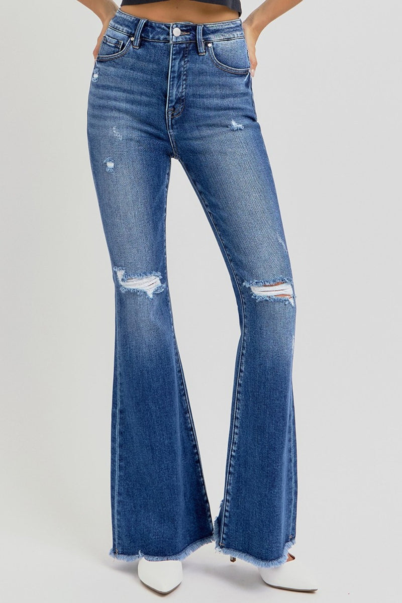 Hazel Blues® |  RISEN High Rise Distressed Raw Hem Flare Jeans