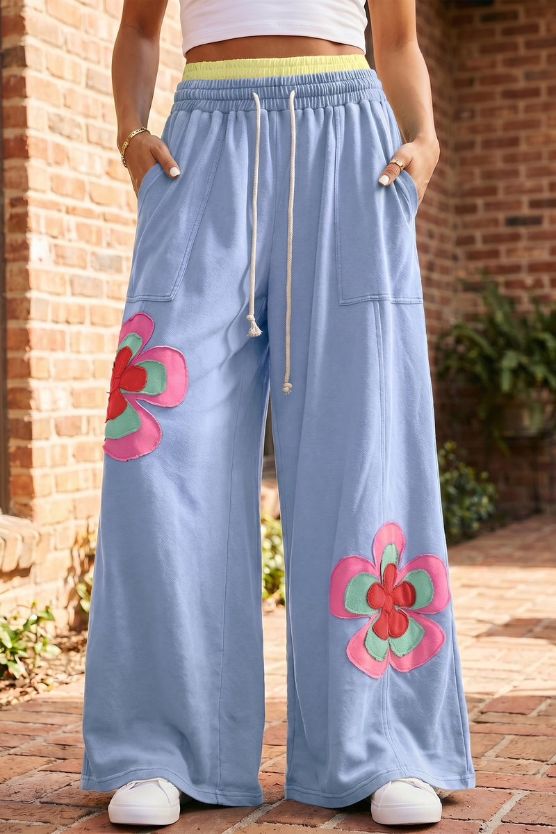 Sky Blue Color Block Flower Patchwork Drawstring Contrasted