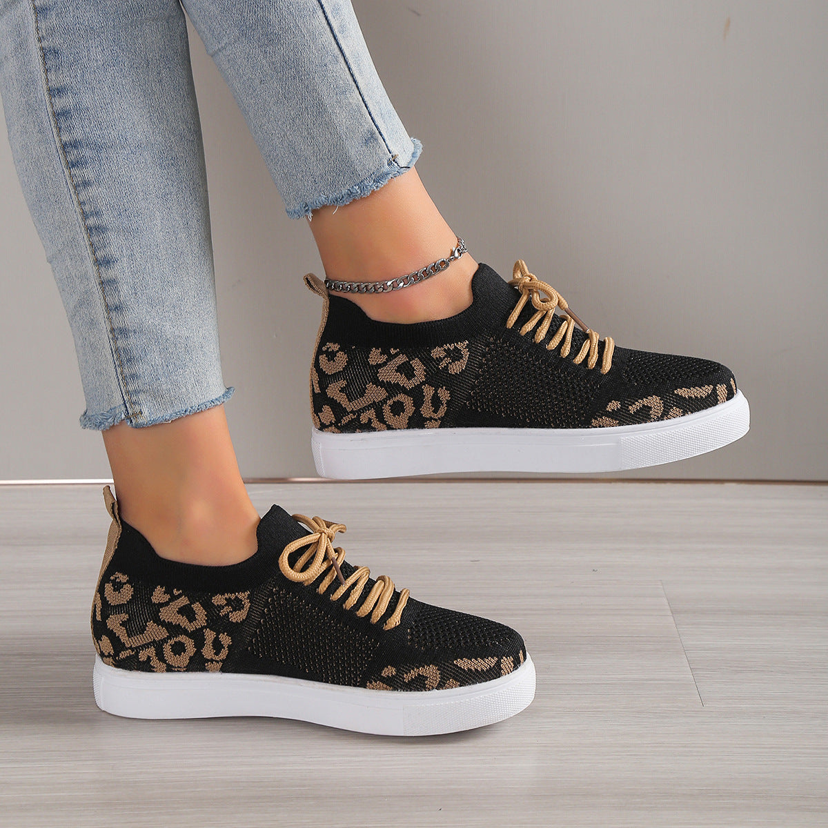 Hazel Blues® |  Lace-Up Leopard Flat Sneakers