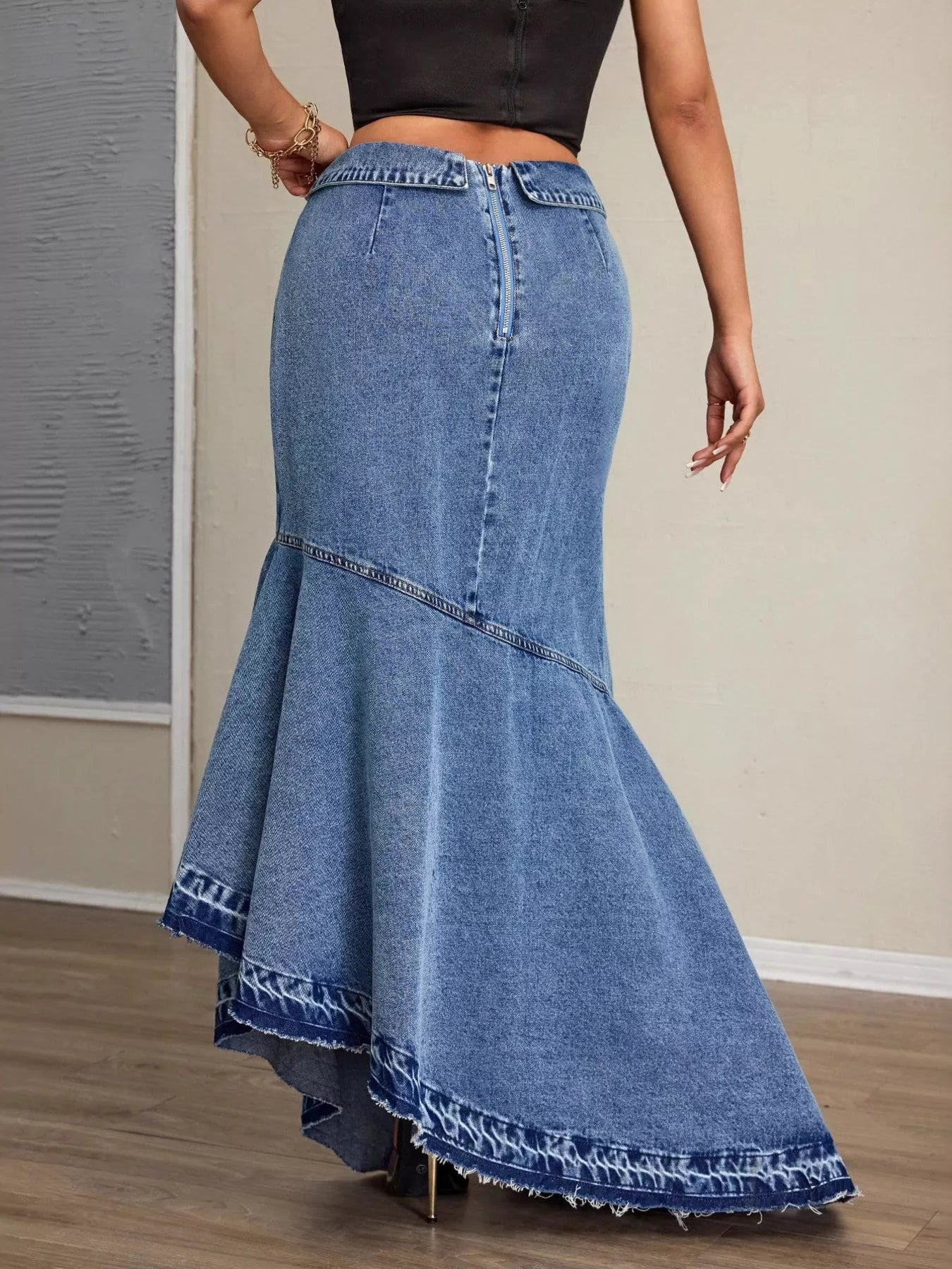 Hazel Blues® | High-Waist Asymmetrical Slit Denim Maxi Mermaid Skirt