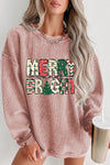 Hazel Blues® |  Pink MERRY and BRIGHT Christmas Tree Print Ribbed Sweatshirt