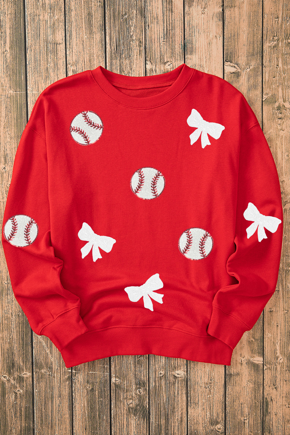 Hazel Blues® |  Red Sequin Baseball Bow Patched Pattern Game Day Pullover Sweatshirt