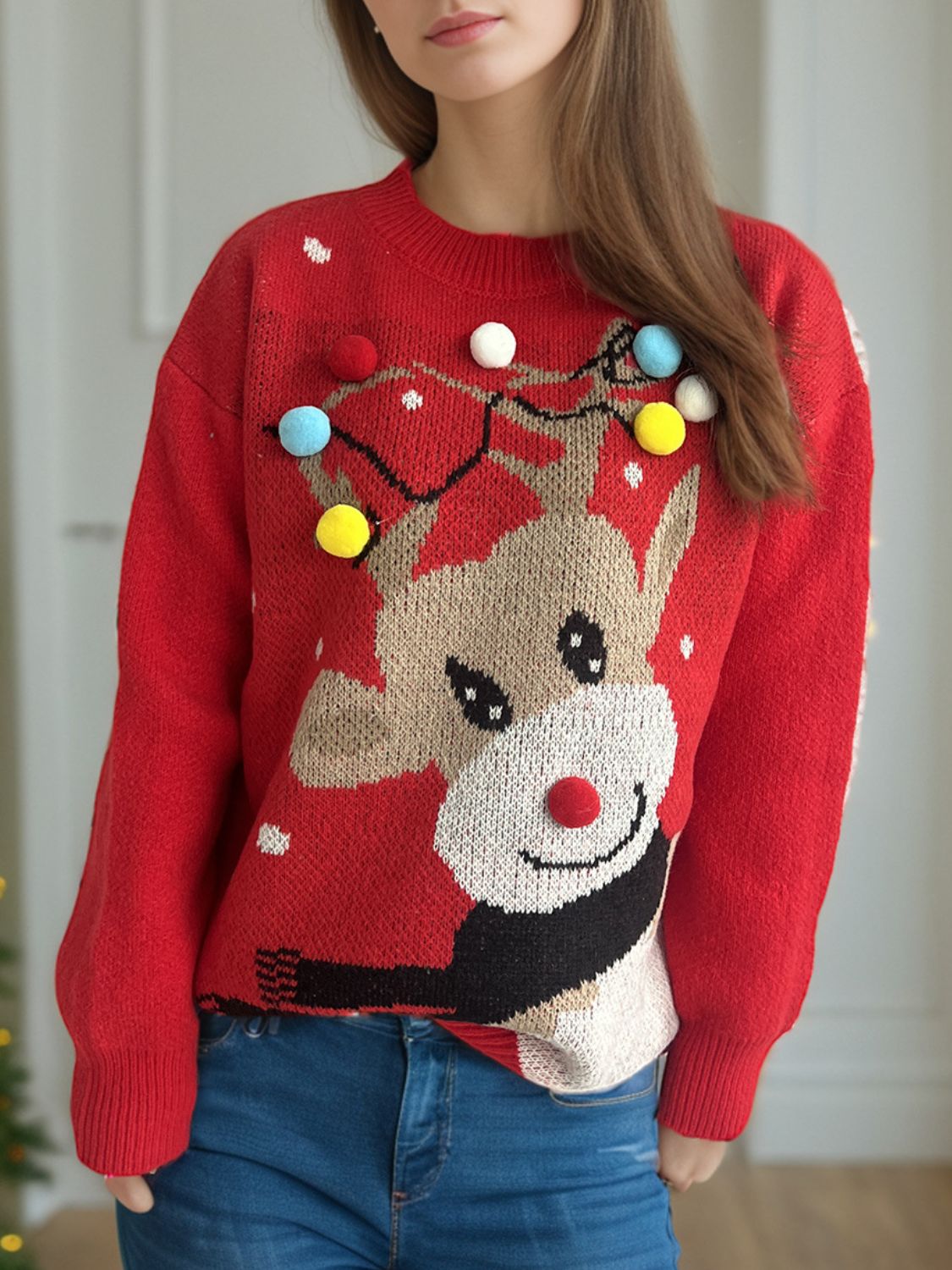 Hazel Blues® |  Reindeer Round Neck Long Sleeve Sweater