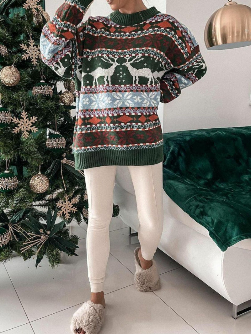 Hazel Blues® |  Geometric Round Neck Dropped Shoulder Sweater
